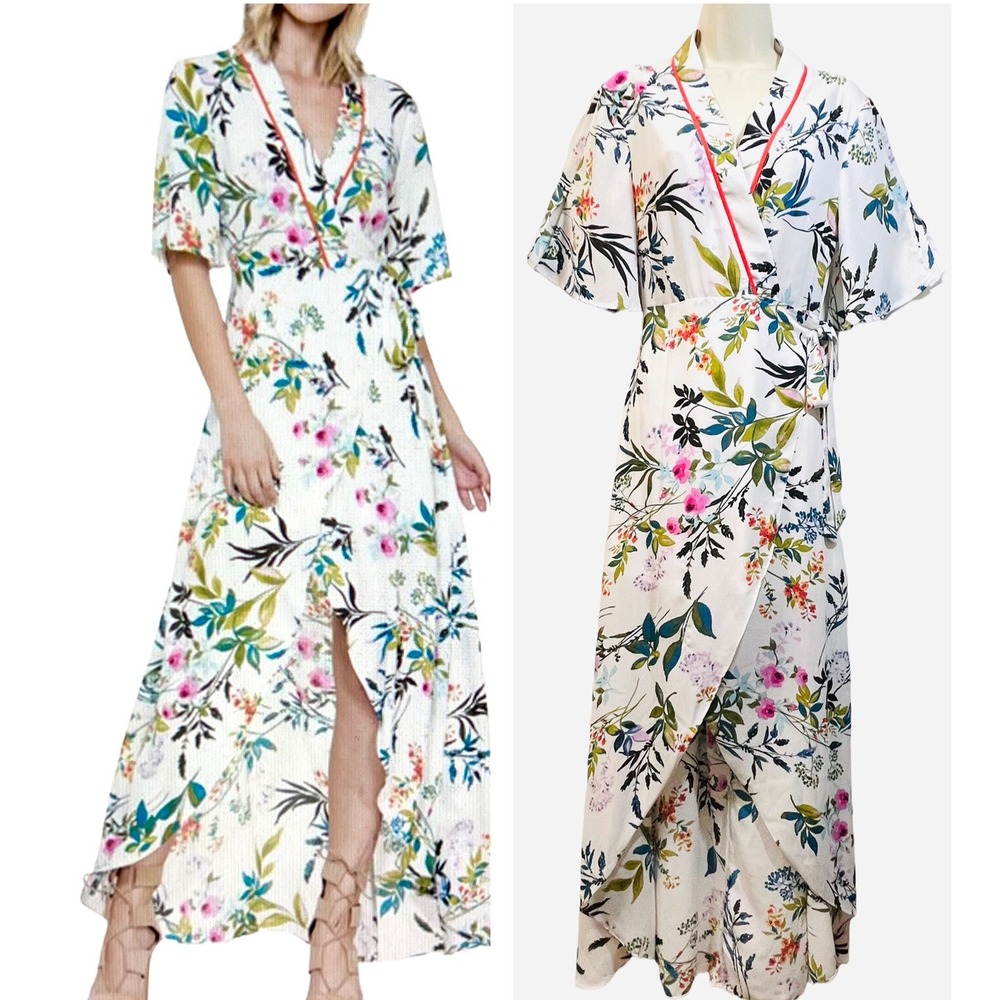 The Room Wrap Dress Women's‎ Size Large Orange Trim High Low Floral S/S Lined